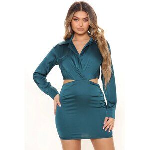 Mable Teal Satin Long Sleeve Wrap Dress  side cutouts mini dress size Small